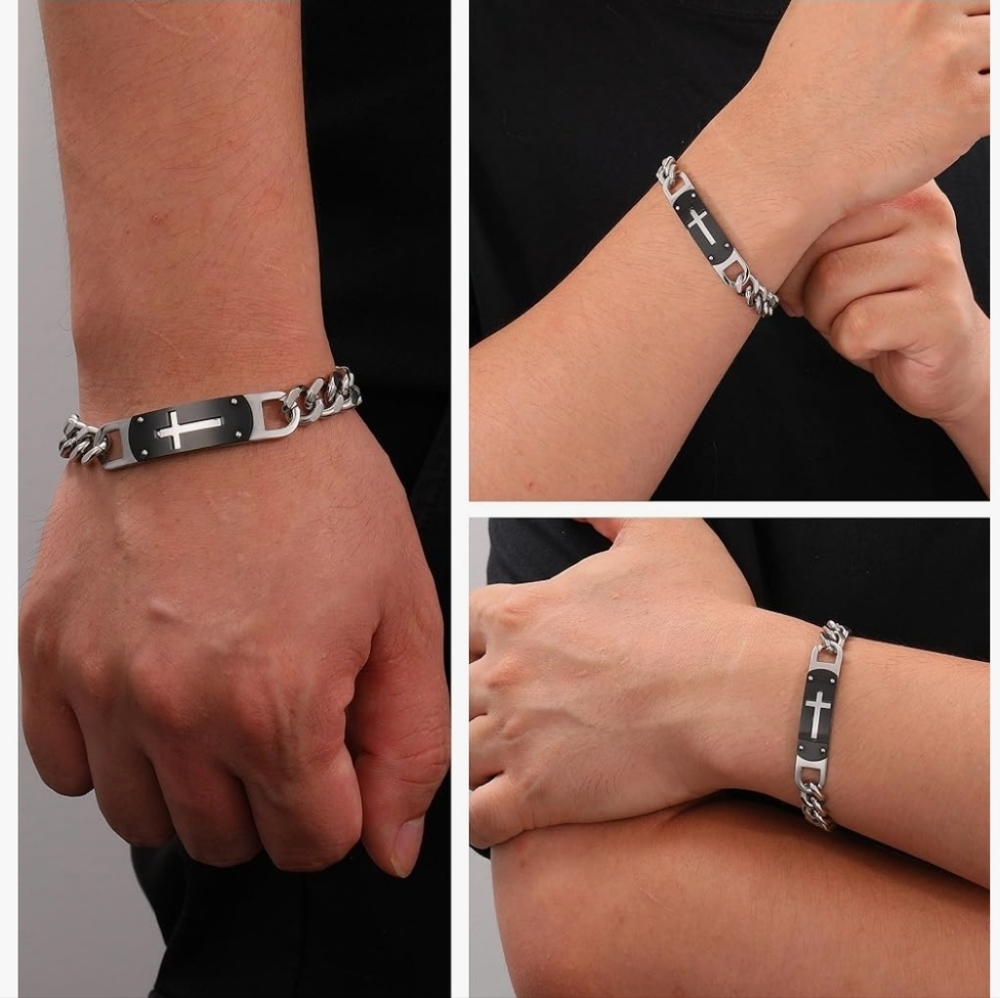 Cross Bracelet Stainless Steel Cuban Cross Chain Link Bracelets Bible Joshua 1:9 - Picture 2 of 5